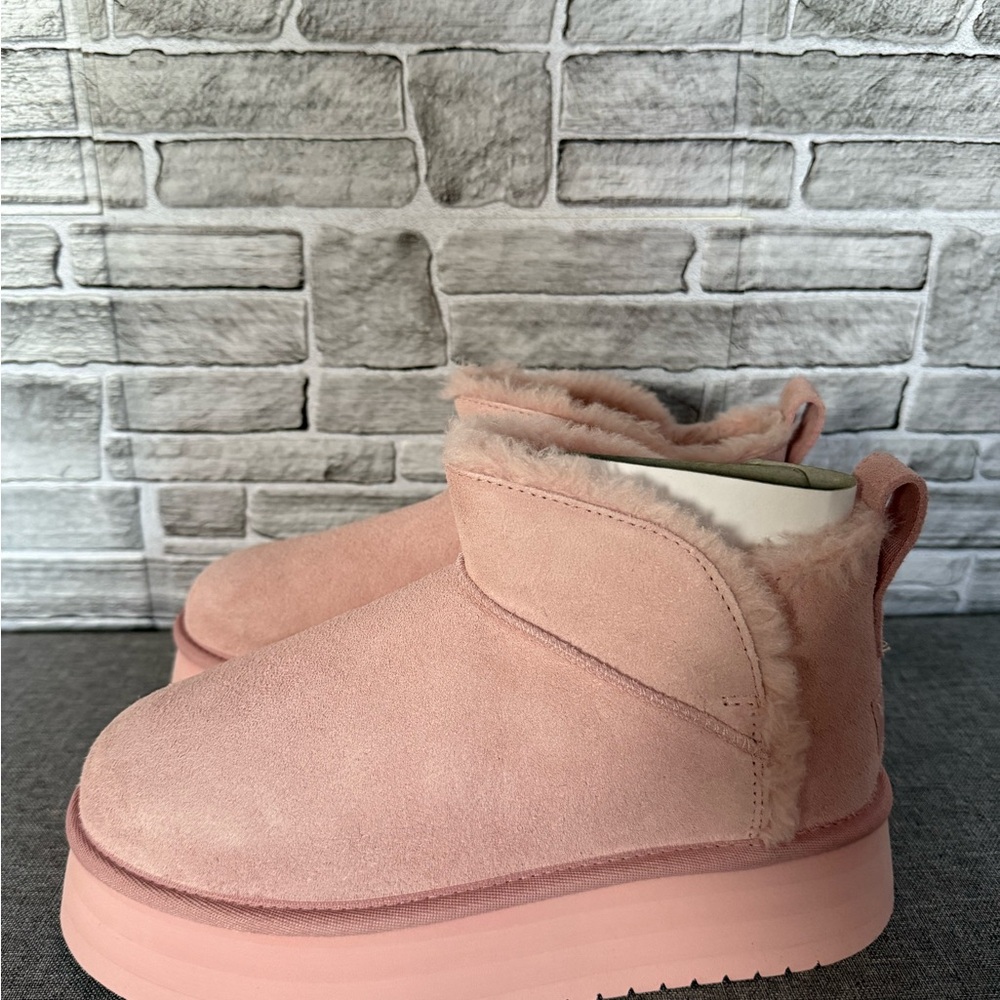 Pink Suede Fur-Lined Platform Boots